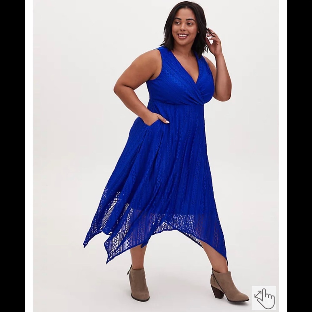 ELECTRIC BLUE GEO LACE HANDKERCHIEF MIDI DRESS